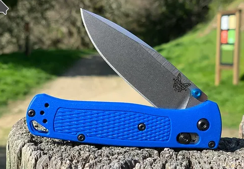 Benchmade knife with powder blue handle and D2 blade